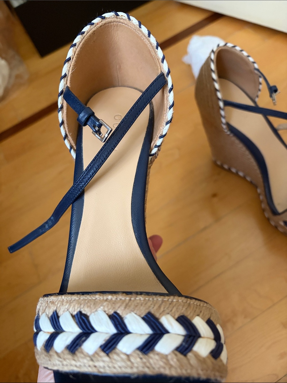 Gucci Navy and Tan Braided Espadrille Wedge Sandals - Picture 6 of 14
